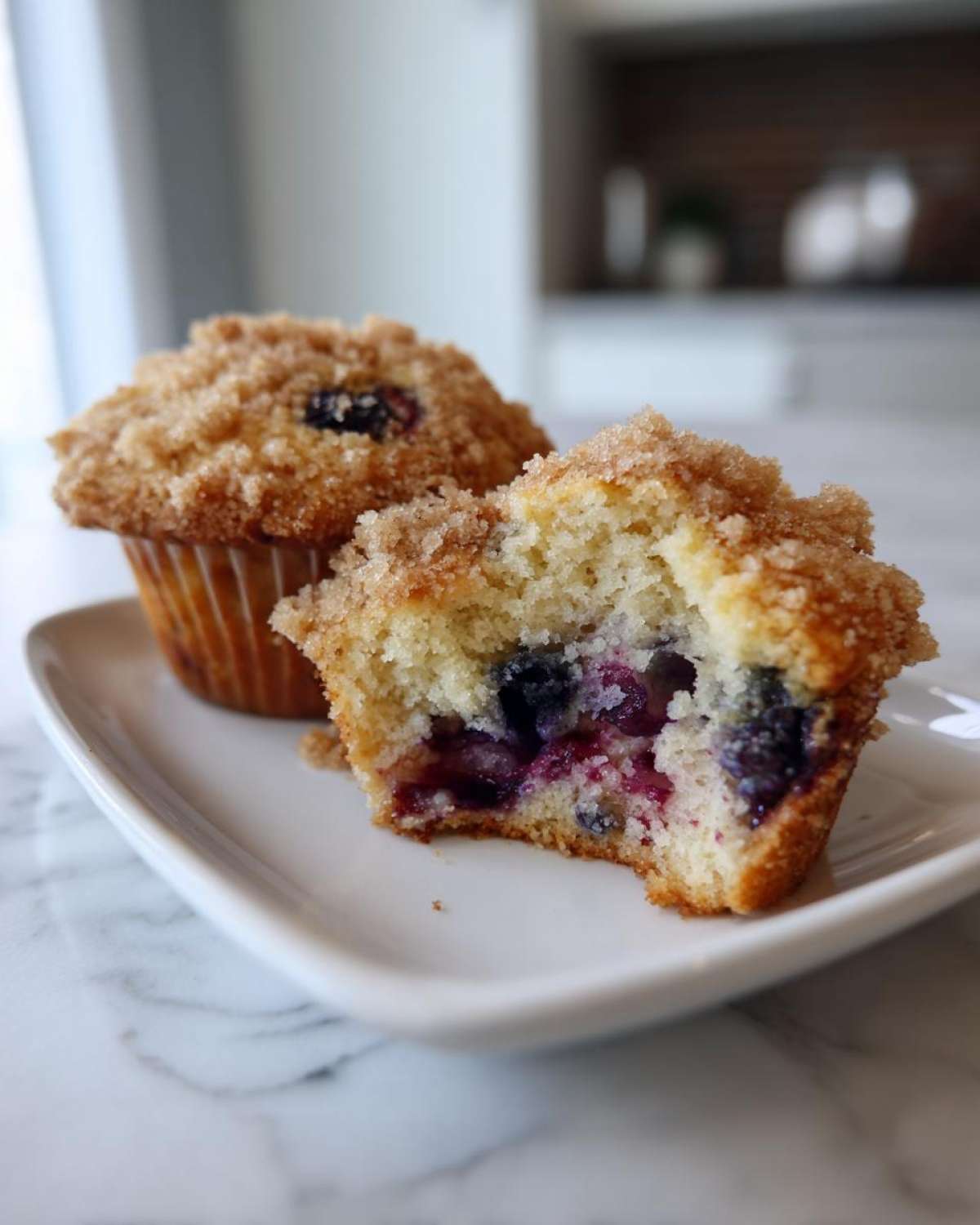 Close-up of a delicious blueberry muffin cut in half showing the moist interior and burst blueberries, next to a whole blueberry muffin.