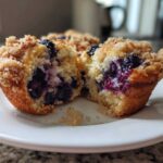A blueberry muffin cut in half showing juicy blueberries and crumb topping, perfect for amazing blueberry muffins.