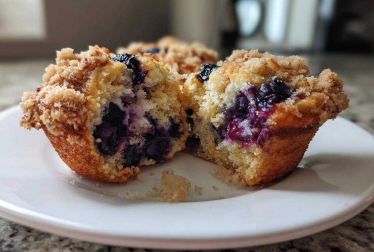 A blueberry muffin cut in half showing juicy blueberries and crumb topping, perfect for amazing blueberry muffins.