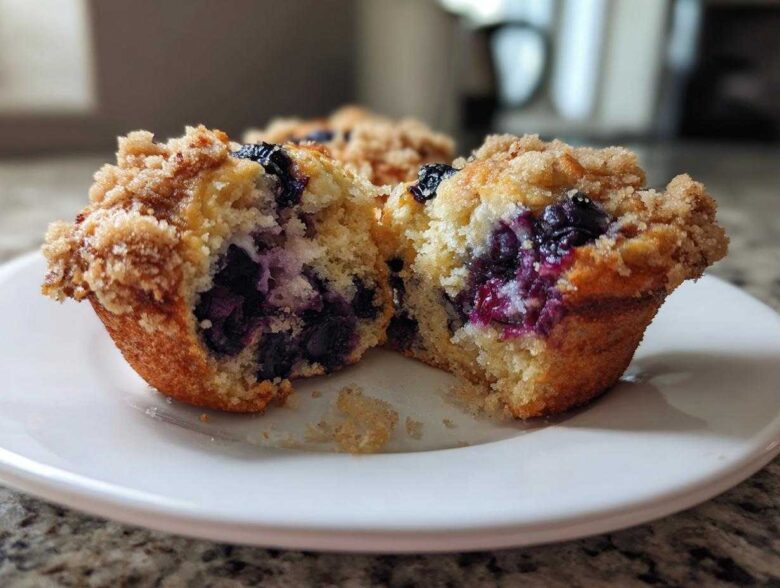A blueberry muffin cut in half showing juicy blueberries and crumb topping, perfect for amazing blueberry muffins.