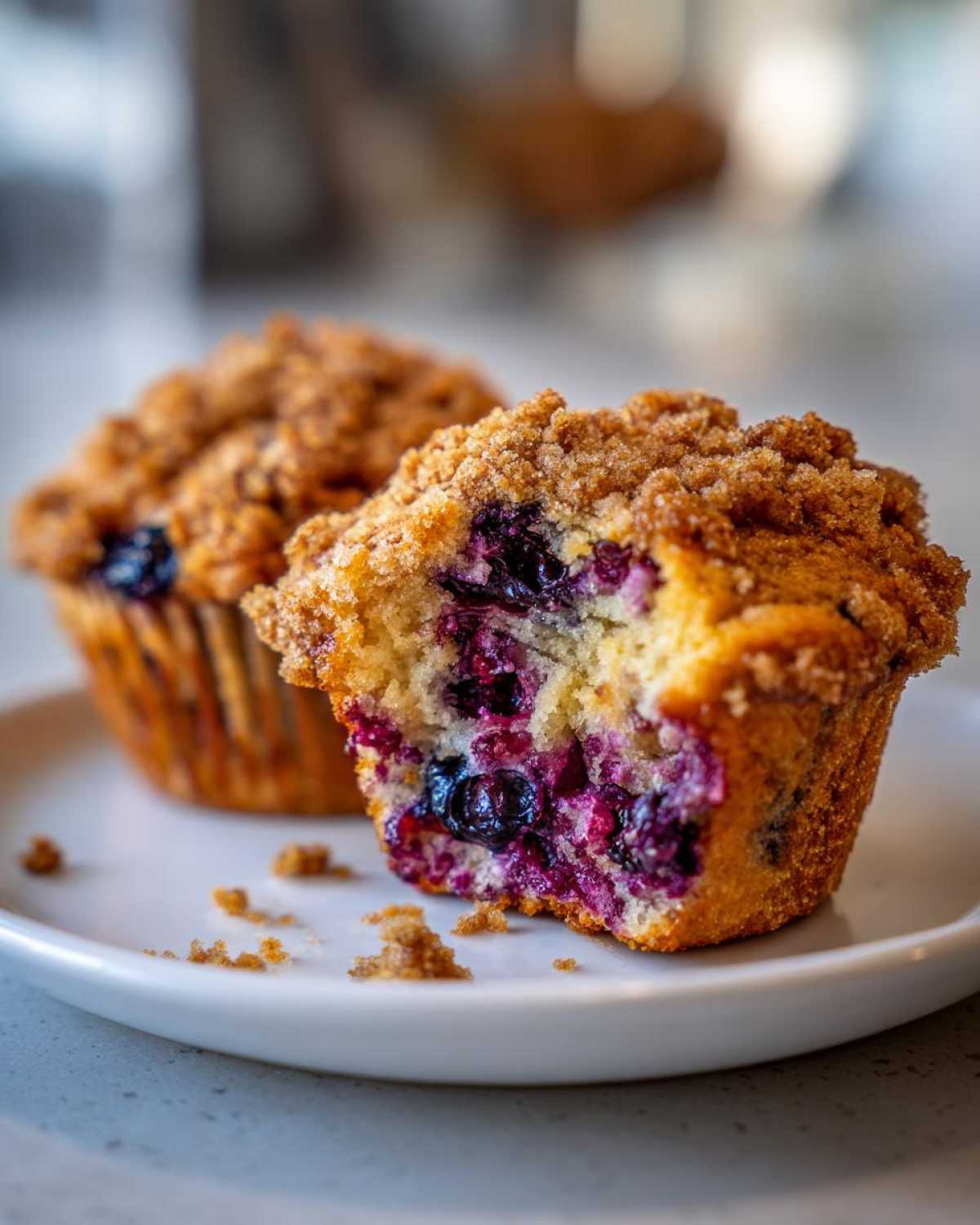 A close-up of a delicious blueberry muffin cut in half, showing juicy berries, next to a whole one. These are amazing blueberry muffins.