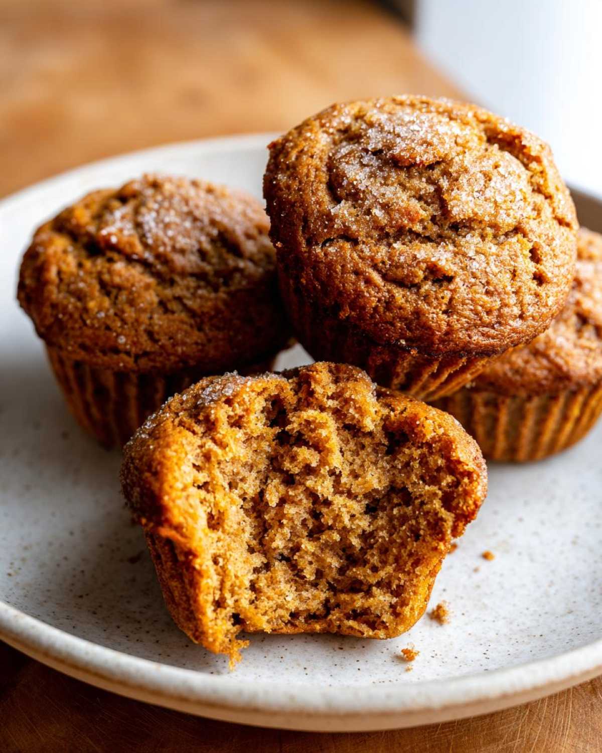 Close-up of several moist bran muffins, one broken open to show the crumb texture, sprinkled with sugar.