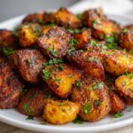 A close-up of perfectly crispy, golden-brown breakfast potatoes seasoned and topped with fresh chopped parsley on a white plate.