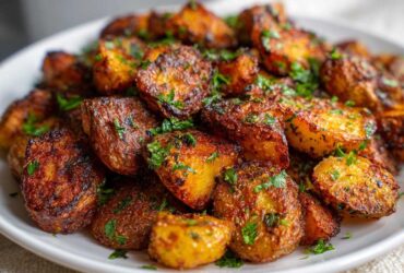 A close-up of perfectly crispy, golden-brown breakfast potatoes seasoned and topped with fresh chopped parsley on a white plate.