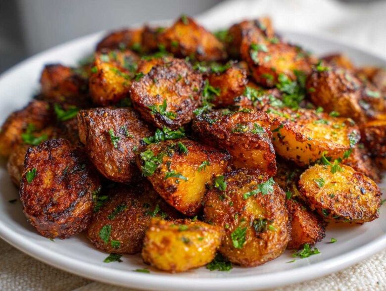 A close-up of perfectly crispy, golden-brown breakfast potatoes seasoned and topped with fresh chopped parsley on a white plate.