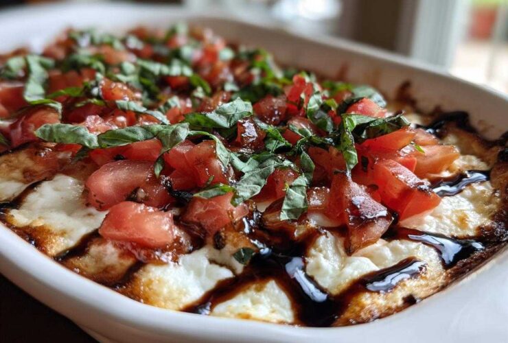 Close-up of a hot, baked bruschetta dip topped with diced tomatoes, fresh basil, and a balsamic glaze drizzle.