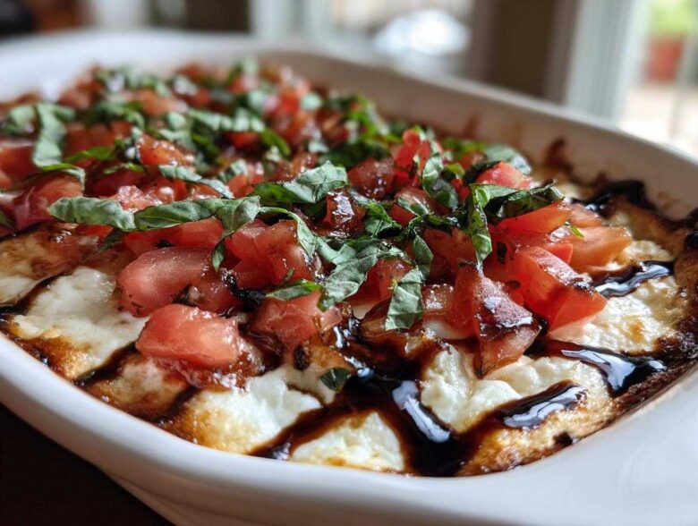 Close-up of a hot, baked bruschetta dip topped with diced tomatoes, fresh basil, and a balsamic glaze drizzle.