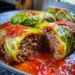 A close-up view of delicious cabbage rolls stuffed with ground meat and rice, covered in a rich tomato sauce.