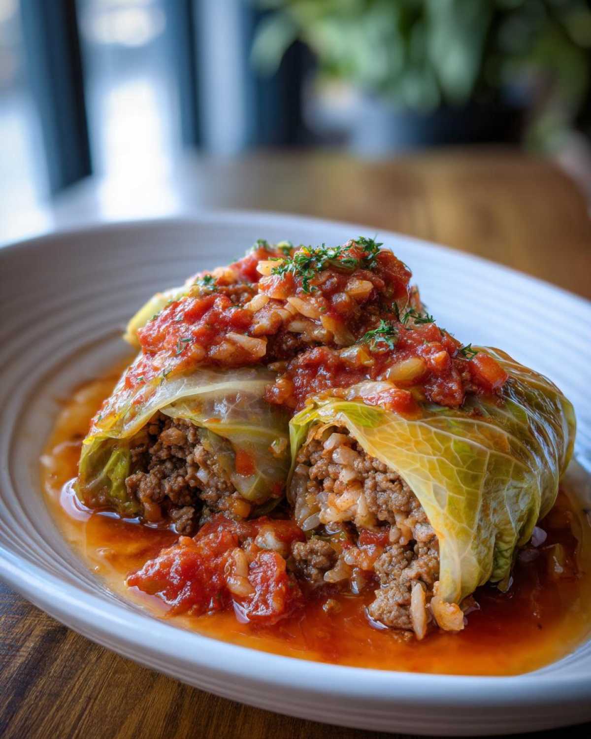 Close-up of two stuffed cabbage rolls served in a white bowl with rich tomato sauce, highlighting the ground meat and rice filling.