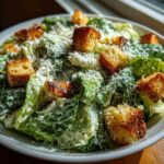 A vibrant close-up of a fresh caesar salad tossed in creamy dressing, topped with golden croutons and grated Parmesan cheese.