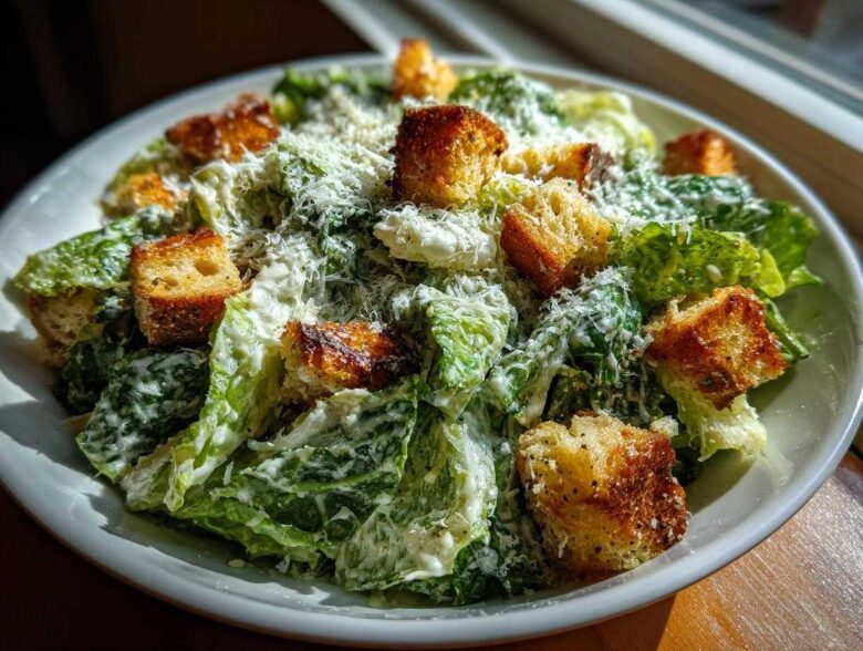 A vibrant close-up of a fresh caesar salad tossed in creamy dressing, topped with golden croutons and grated Parmesan cheese.
