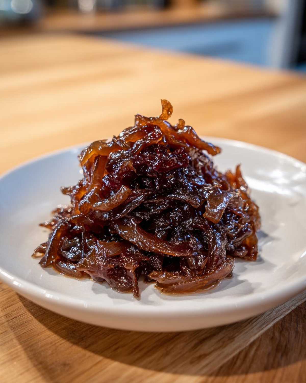 A close-up of a generous mound of deeply rich, dark caramelized onions served on a small white plate.