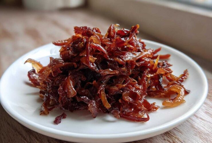 A close-up of a mound of rich, dark brown caramelized onions served on a small white plate.