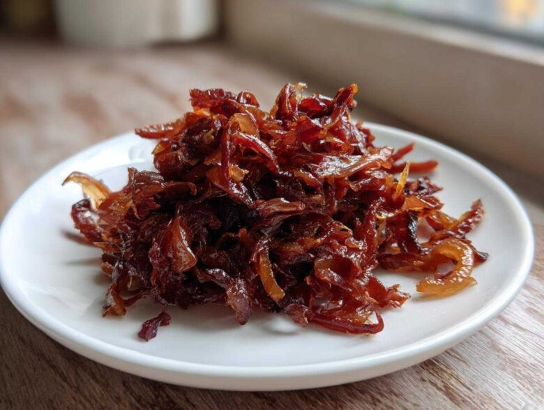 A close-up of a mound of rich, dark brown caramelized onions served on a small white plate.