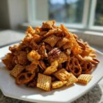 A large mound of seasoned, crunchy chex party mix featuring Chex cereal, pretzels, and pecans served on a white plate.