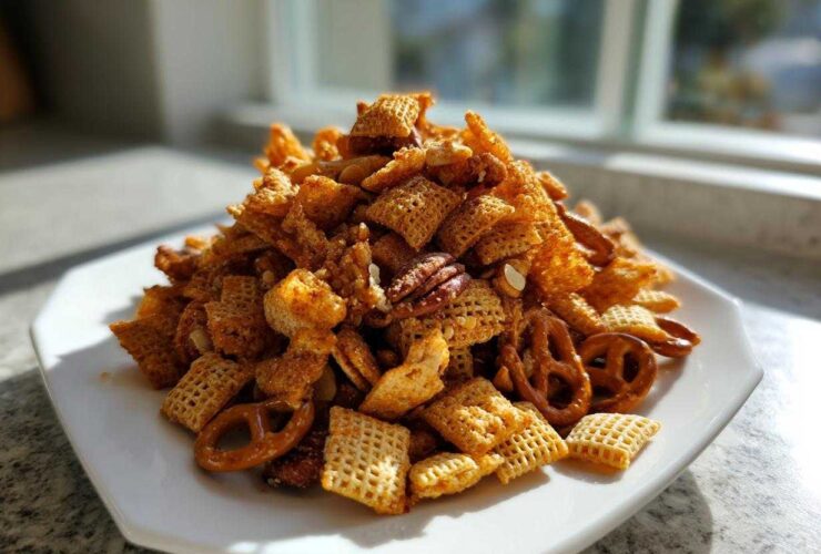 A large mound of seasoned, crunchy chex party mix featuring Chex cereal, pretzels, and pecans served on a white plate.