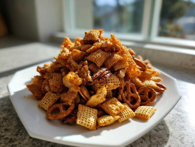A large mound of seasoned, crunchy chex party mix featuring Chex cereal, pretzels, and pecans served on a white plate.