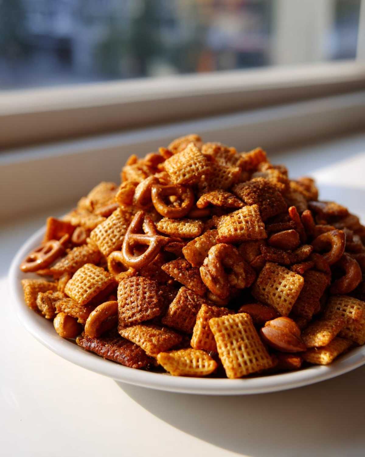 A close-up of a large mound of seasoned Chex party mix, including square cereal pieces, pretzels, and nuts, on a white plate.