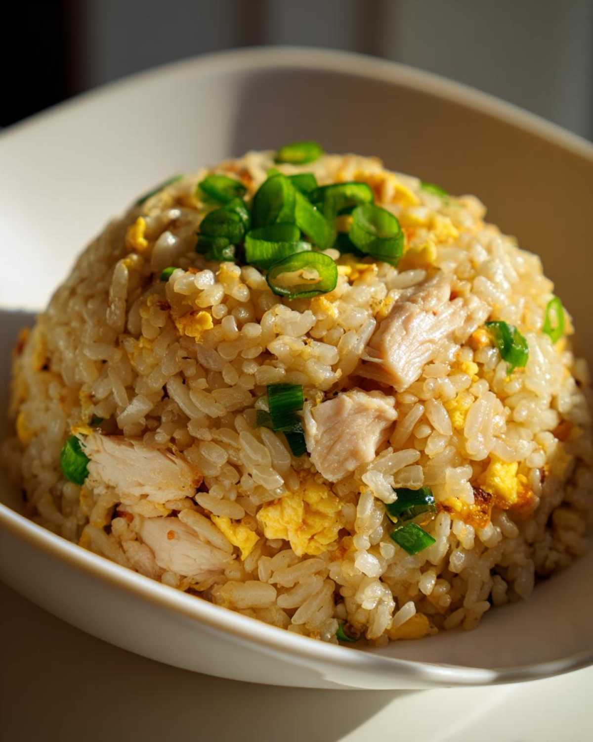 Close-up of a mound of delicious chicken fried rice topped with green onions in a white bowl.