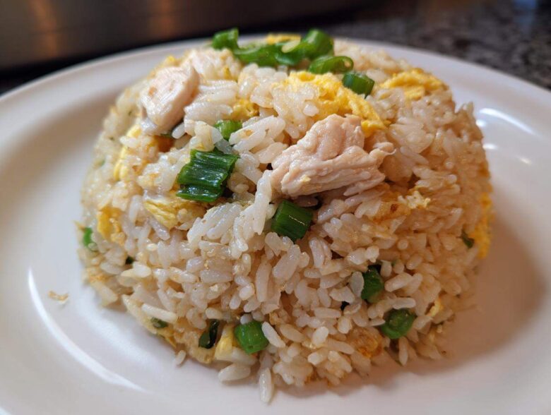 A mound of homemade chicken fried rice with visible pieces of chicken, scrambled egg, and green onions on a white plate.