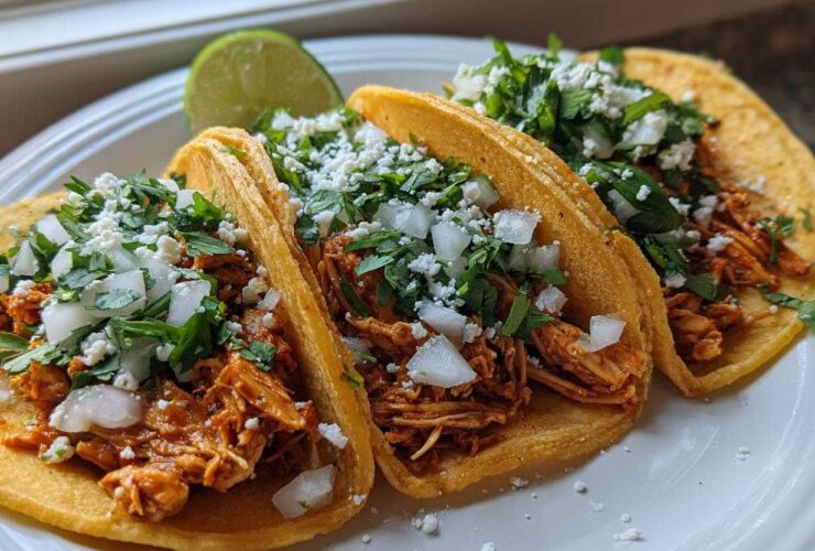 Close-up of three vibrant chicken tacos filled with shredded meat, topped with white onion, cilantro, and cotija cheese.