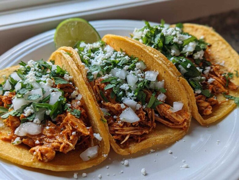 Close-up of three vibrant chicken tacos filled with shredded meat, topped with white onion, cilantro, and cotija cheese.