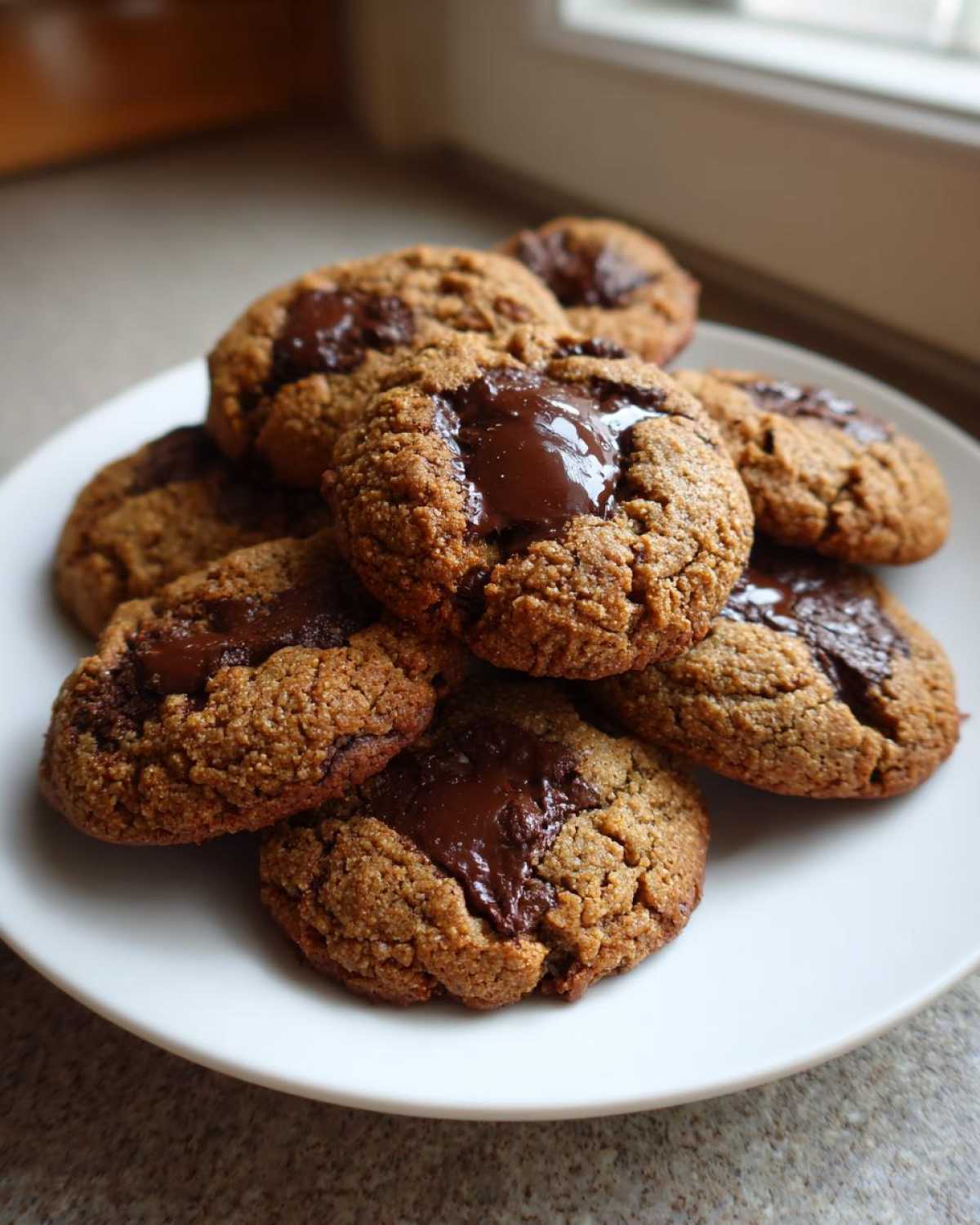 A stack of warm, chewy chocolate chip cookies with melted chocolate pools, served on a white plate.