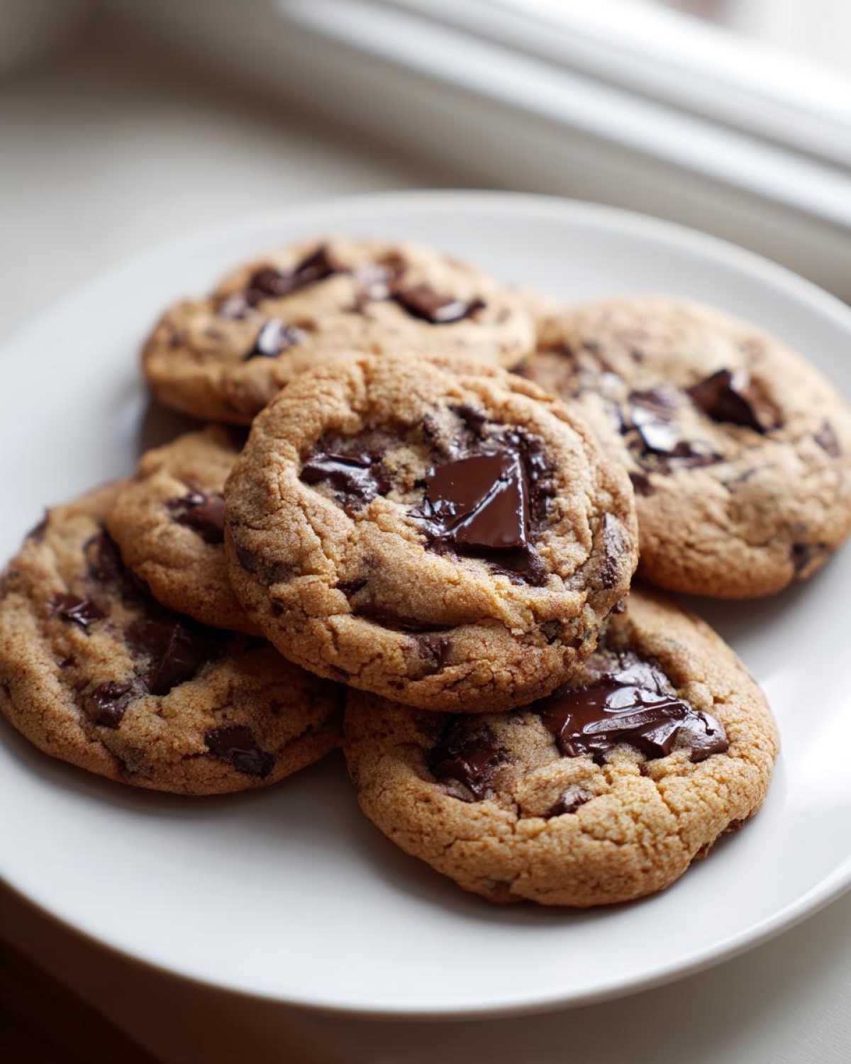 A stack of five golden brown chocolate chip cookies with melted dark chocolate chunks, resting on a white plate.