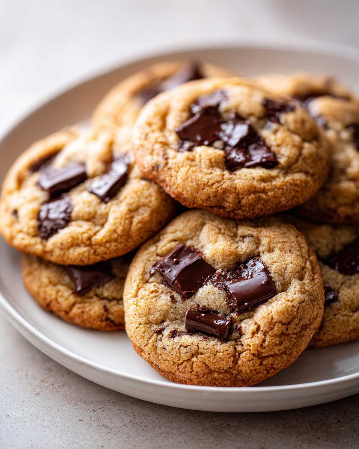 Close-up of several gooey, golden brown chocolate chip cookies piled high on a white plate.