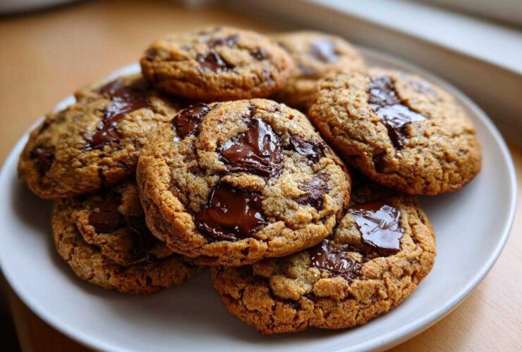 A stack of freshly baked, thick chocolate chip cookies with melted chocolate pools, served on a white plate.