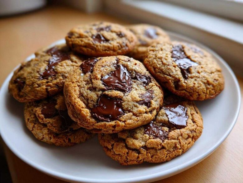 A stack of freshly baked, thick chocolate chip cookies with melted chocolate pools, served on a white plate.