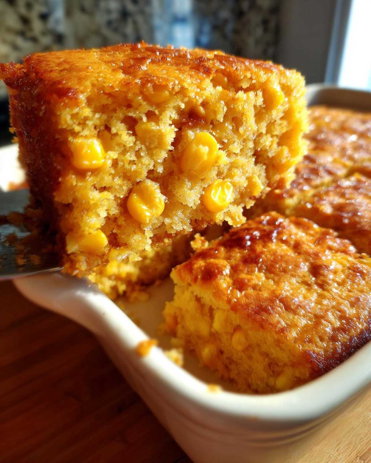 A close-up of a slice of moist cornbread casserole being lifted from a white baking dish, showing whole corn kernels.