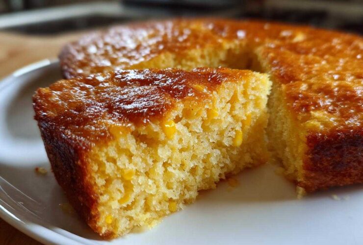 Close-up of a moist slice of cornbread casserole showing corn kernels and a shiny, glazed top.