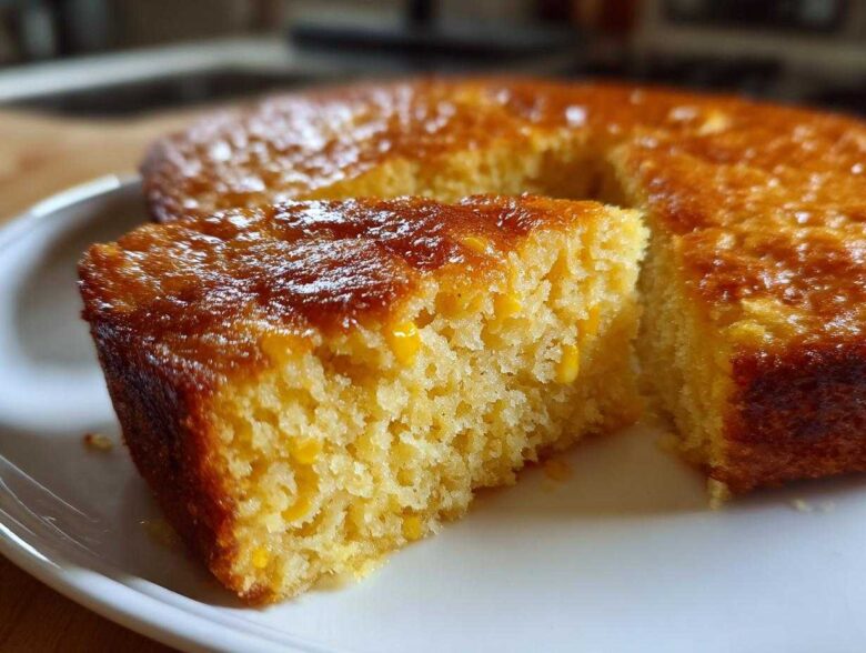 Close-up of a moist slice of cornbread casserole showing corn kernels and a shiny, glazed top.