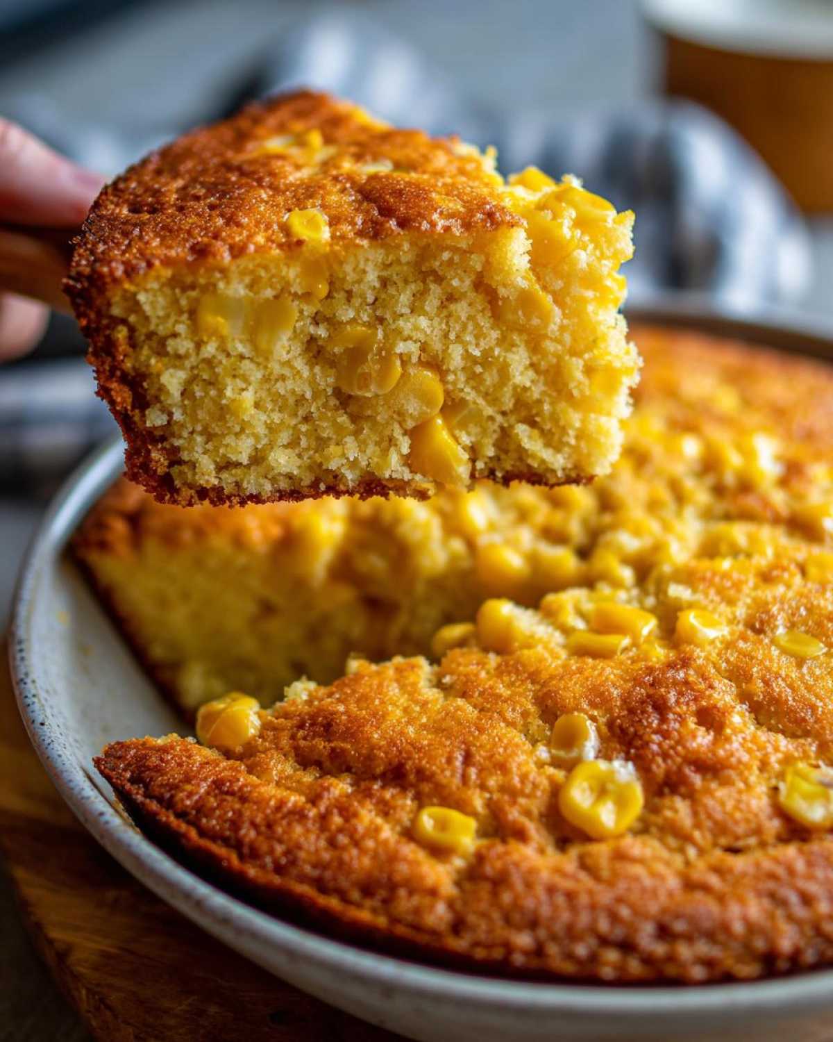 A hand lifts a moist, golden slice of cornbread casserole filled with whole corn kernels from the baking dish.