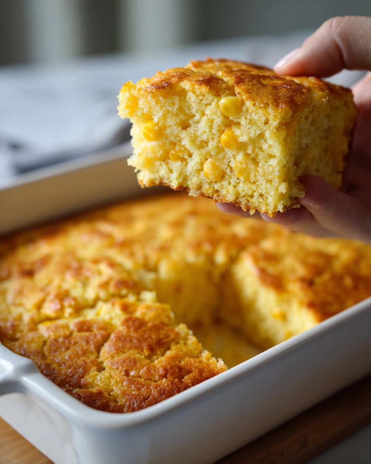 A hand lifts a square piece of moist cornbread casserole, showing whole corn kernels inside, above the baking dish.