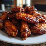 Close-up of a pile of glossy, crispy, glazed chicken wings stacked high on a white plate.