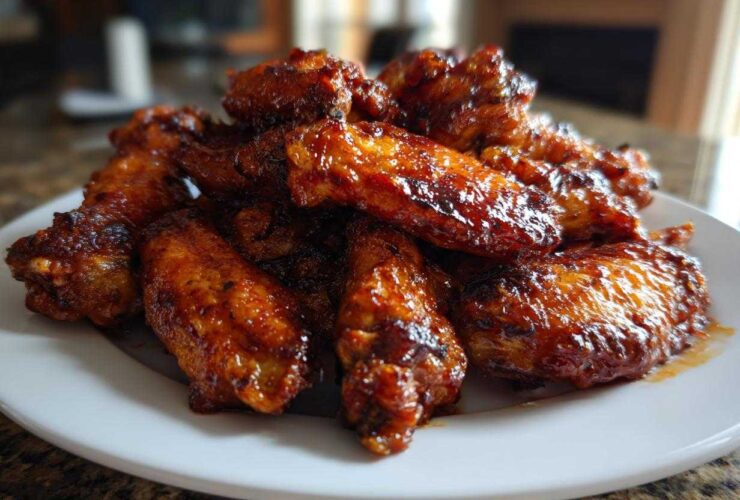 Close-up of a pile of glossy, crispy, glazed chicken wings stacked high on a white plate.