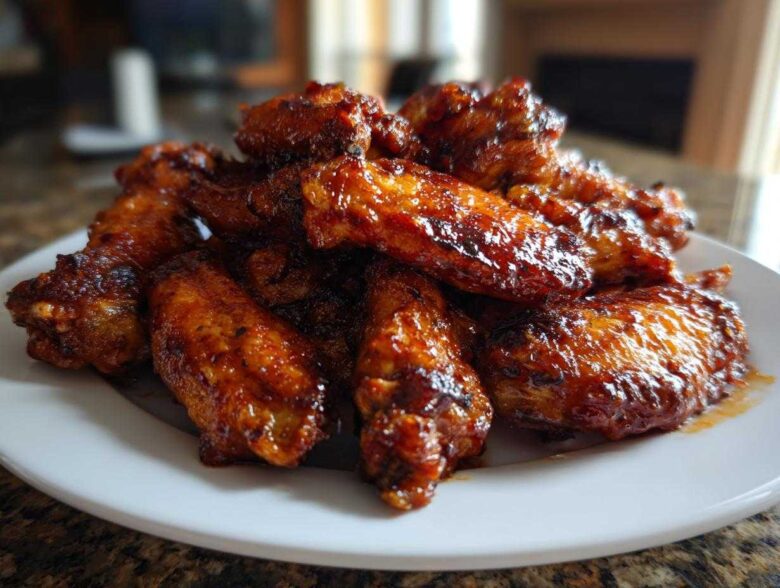Close-up of a pile of glossy, crispy, glazed chicken wings stacked high on a white plate.