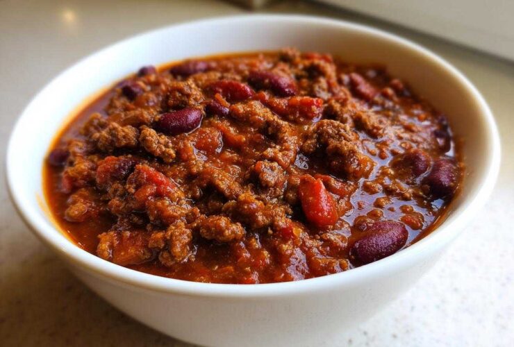 Close-up of a white bowl filled with rich, thick crockpot chili featuring ground meat and kidney beans.