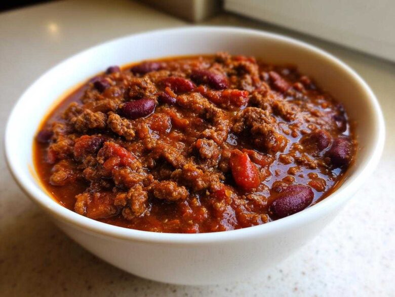 Close-up of a white bowl filled with rich, thick crockpot chili featuring ground meat and kidney beans.