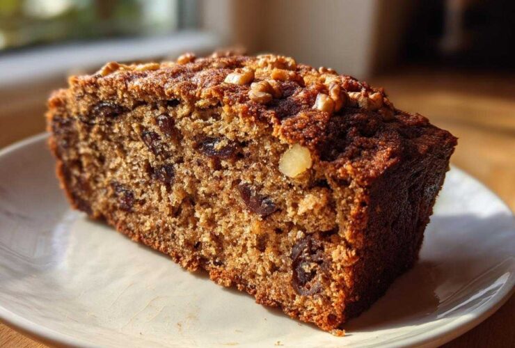 Close-up of a moist slice of date nut bread topped with walnuts, sitting on a white plate.