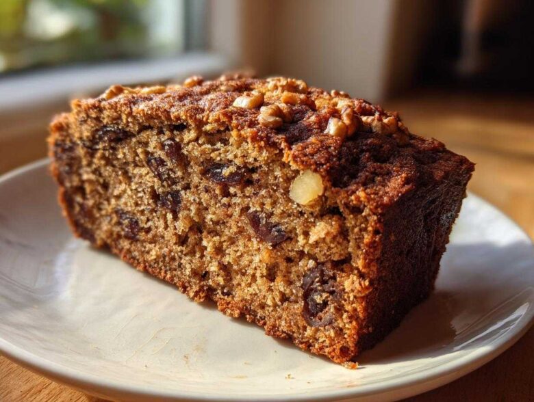 Close-up of a moist slice of date nut bread topped with walnuts, sitting on a white plate.