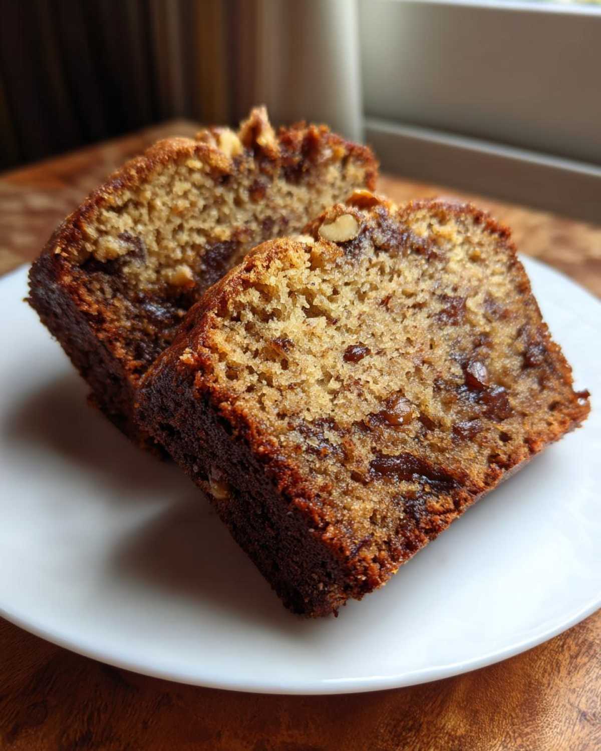 Close-up of two thick slices of moist date nut bread showing visible dates and walnuts, served on a white plate.