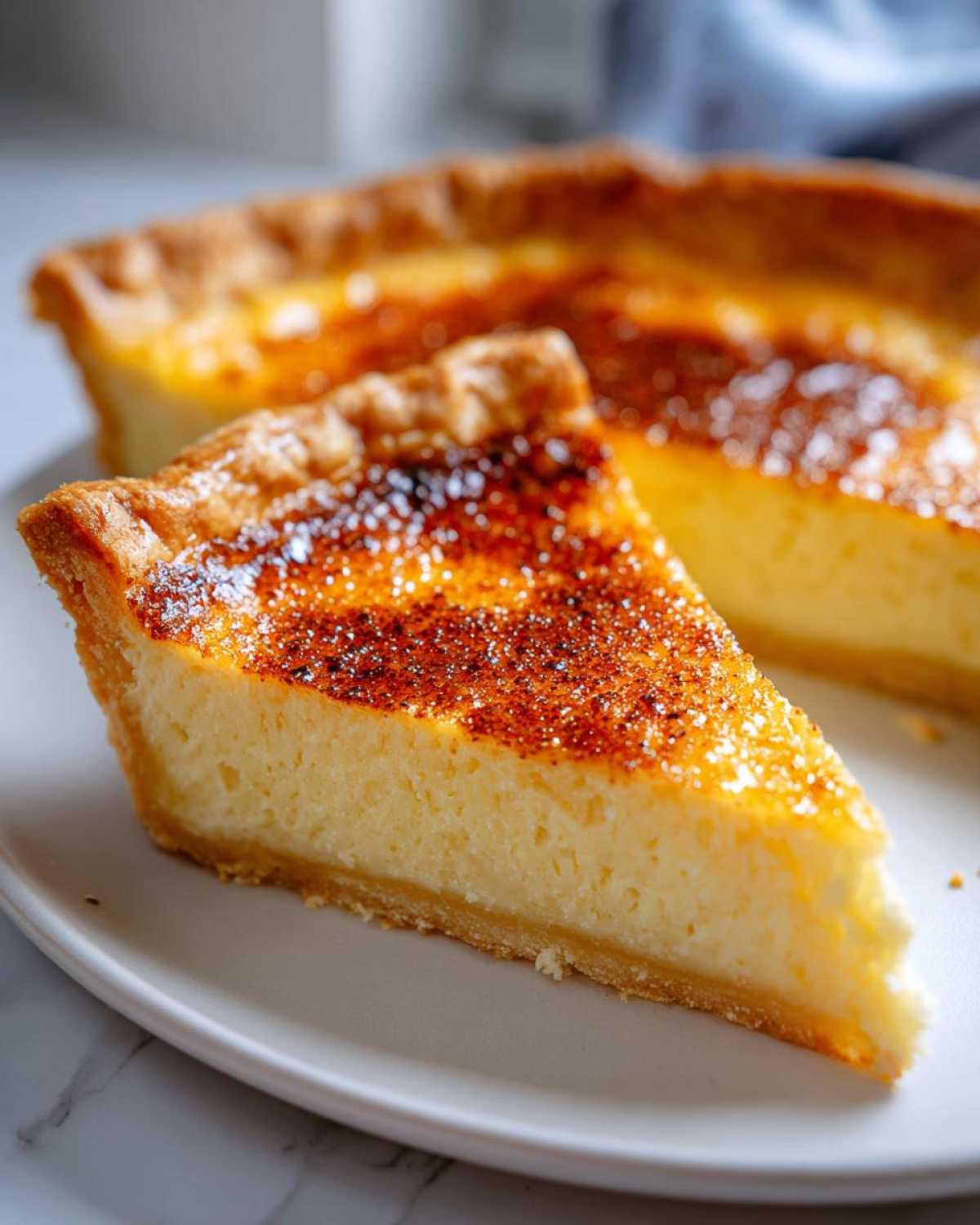 A close-up of a slice of creamy egg custard tart featuring a perfectly caramelized, slightly burnt sugar topping.