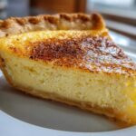 A close-up slice of creamy, baked egg custard pie with a golden, slightly browned top.