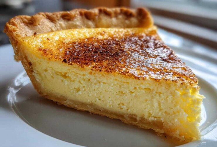 A close-up slice of creamy, baked egg custard pie with a golden, slightly browned top.