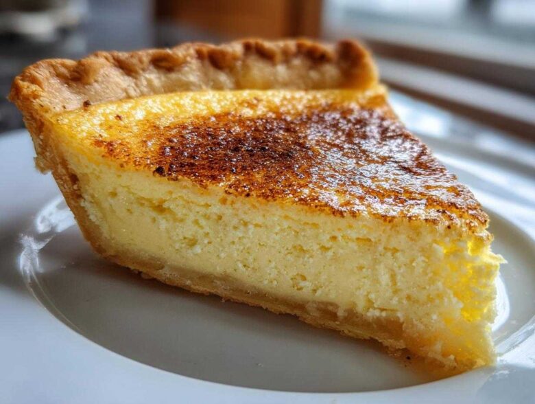 A close-up slice of creamy, baked egg custard pie with a golden, slightly browned top.
