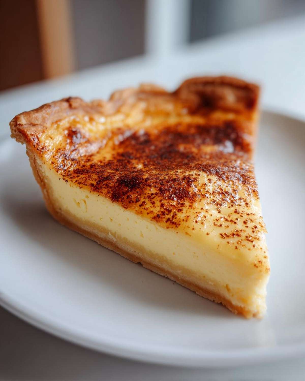 A perfect slice of creamy, baked egg custard pie with a browned, spiced top, served on a white plate.