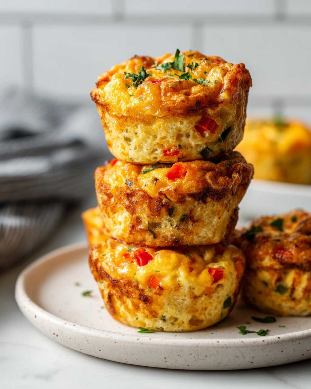 A stack of three golden brown Egg Muffin Cups filled with visible red peppers and topped with fresh parsley.